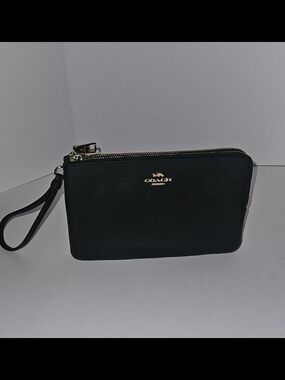 Coach Black Leather Double Zip Wristlet with Gold Hardware